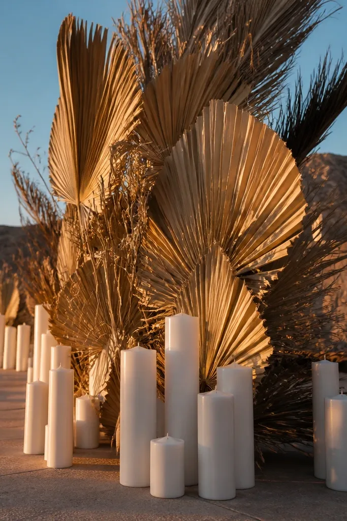 Tall white pillar candles with dried palm fronds in glass cylinders