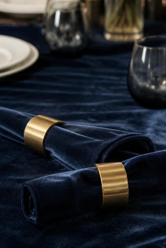 Midnight blue velvet table runner with brass napkin rings and white plates