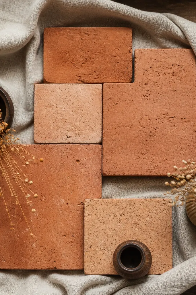 Terracotta tile centerpiece base with linen and small dried stem buds in mini vases