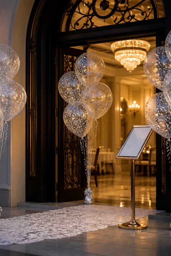 Clear balloons with gold confetti clusters at a reception entrance