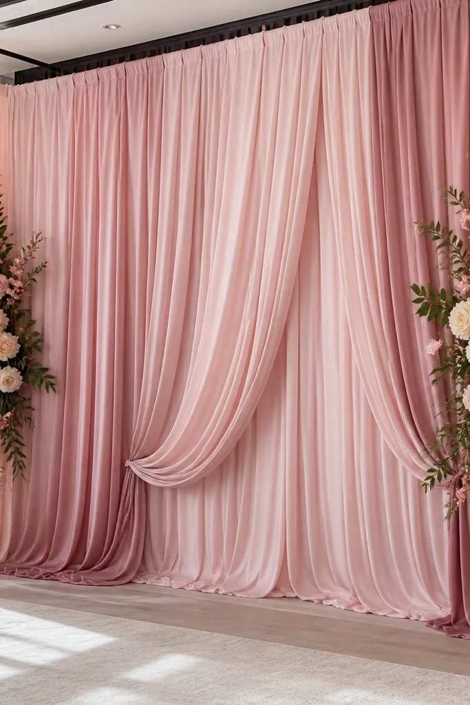 Blush ombre fabric drape wall for photos with soft lighting