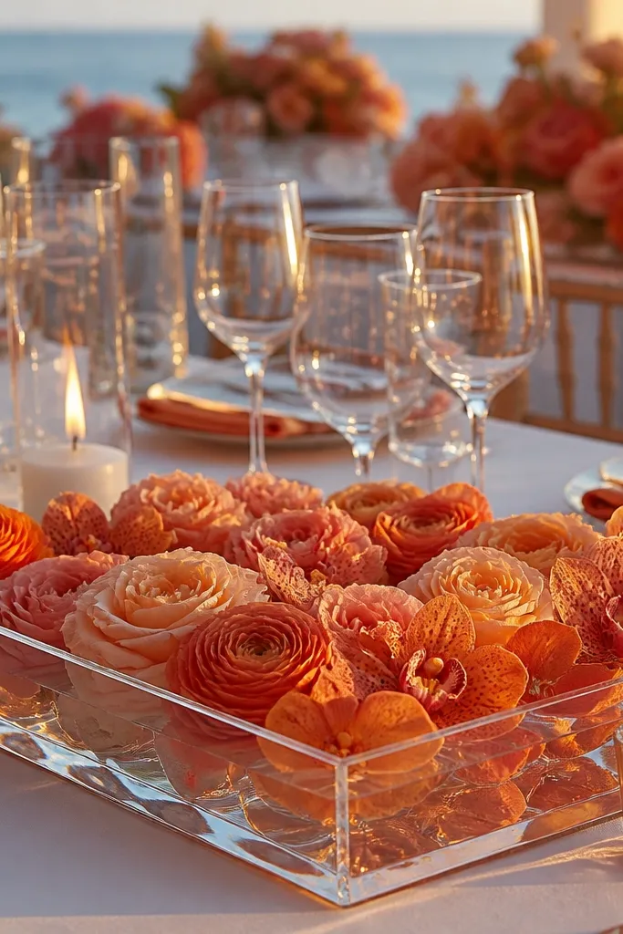 Low clear water trays with orange-pink flowers and greenery on a table