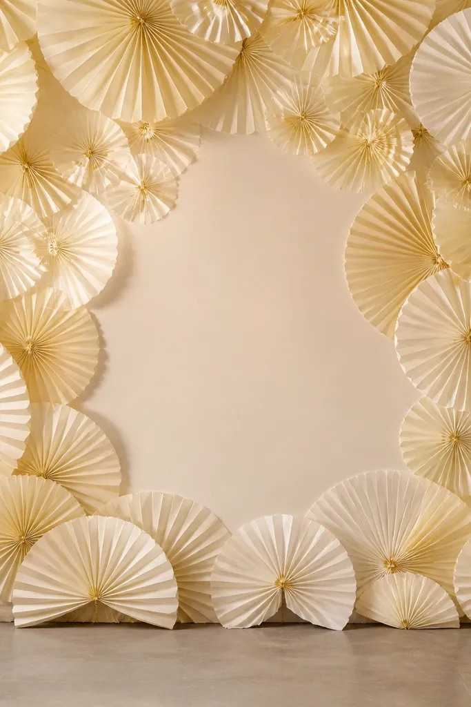 Cream paper fan backdrop with gold thread ties and a simple welcome sign