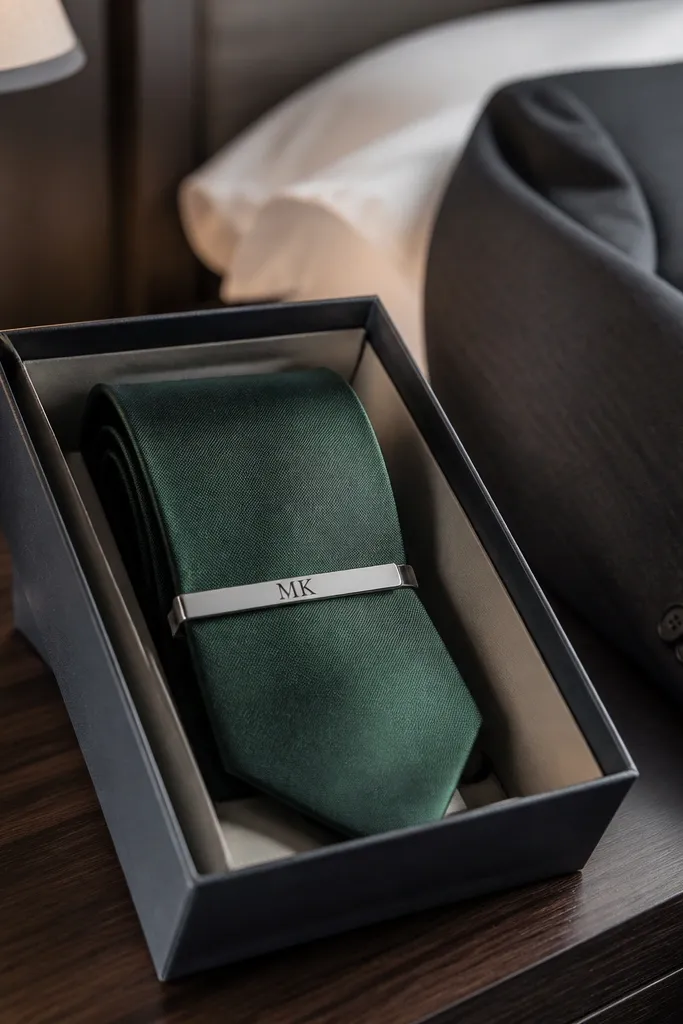 Navy tie with gold tie clip inside a flat hard sleeve