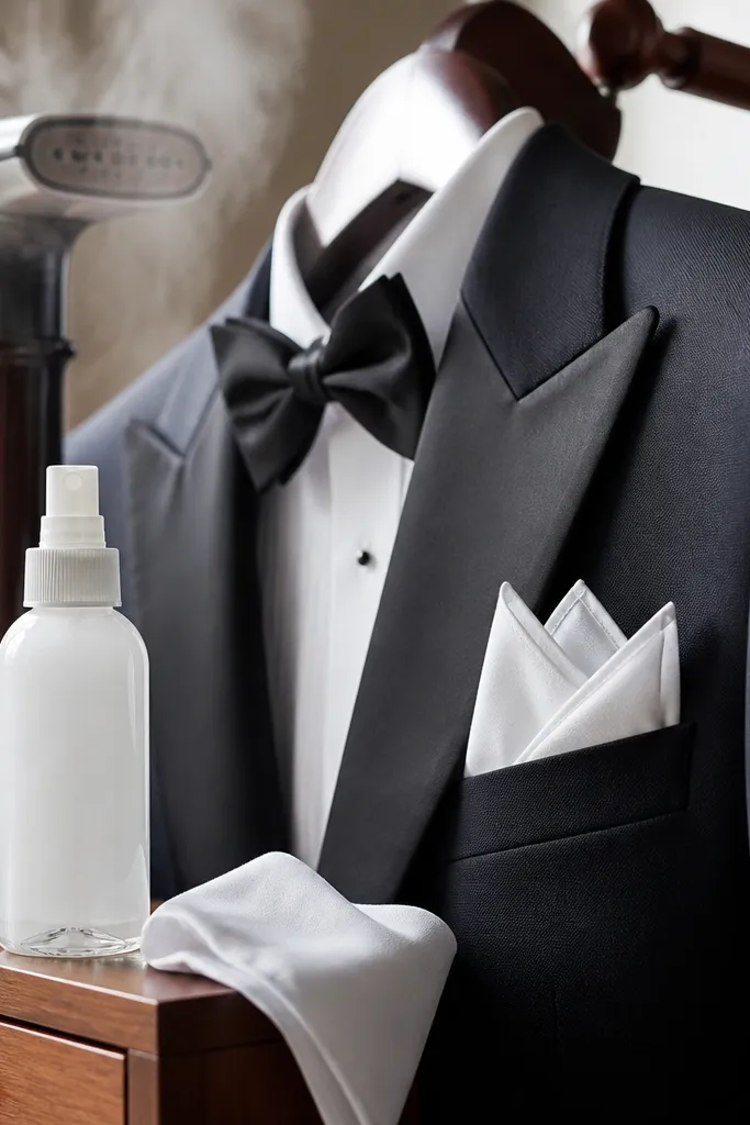 Folded white pocket square with a small spray bottle in a rigid box