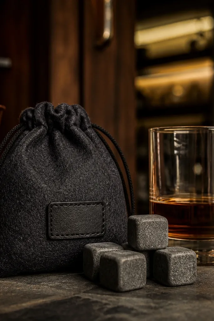 Small gray whiskey stones in a felt pouch with a gift tag