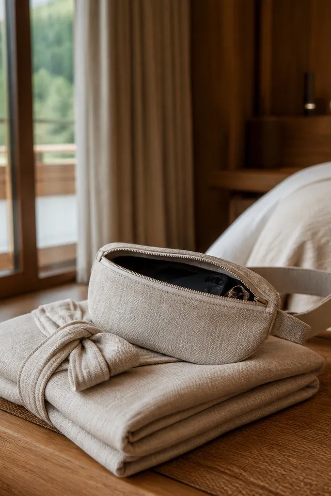 Light beige linen belt bag with folded robe-like fabric and a note card