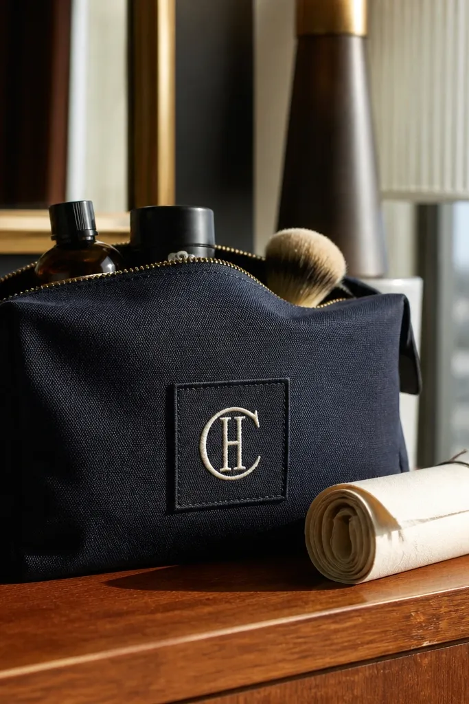 Navy canvas dopp kit with a stitched patch and folded tissue around items