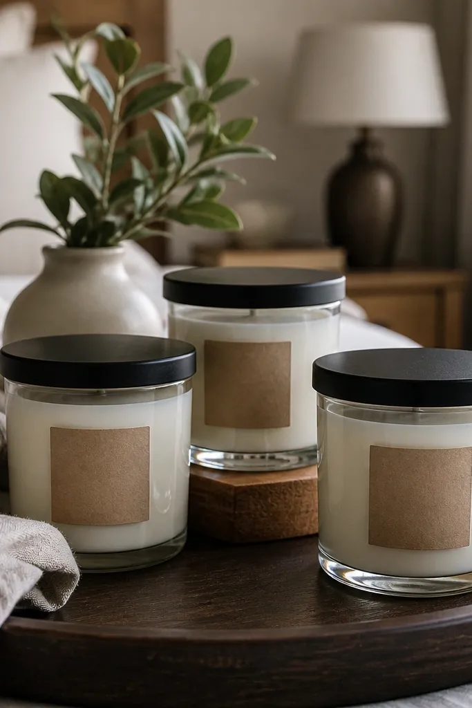 Two matching glass candle jars with neutral labels and a folded ribbon