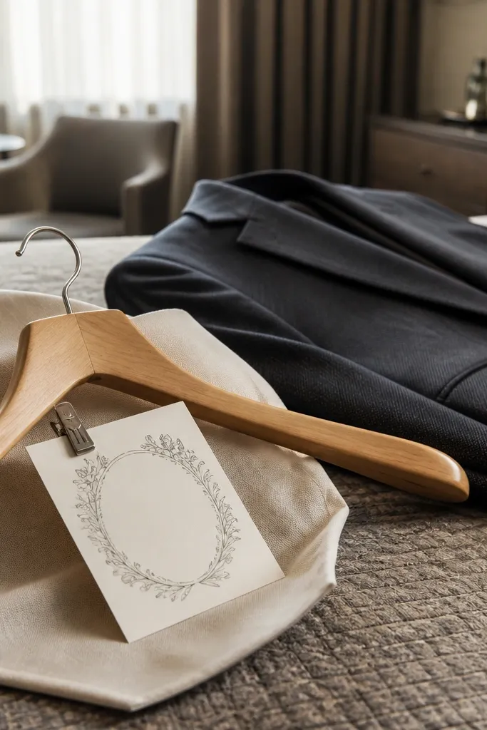 Wood suit hanger with wedding date card clipped and a dust cover