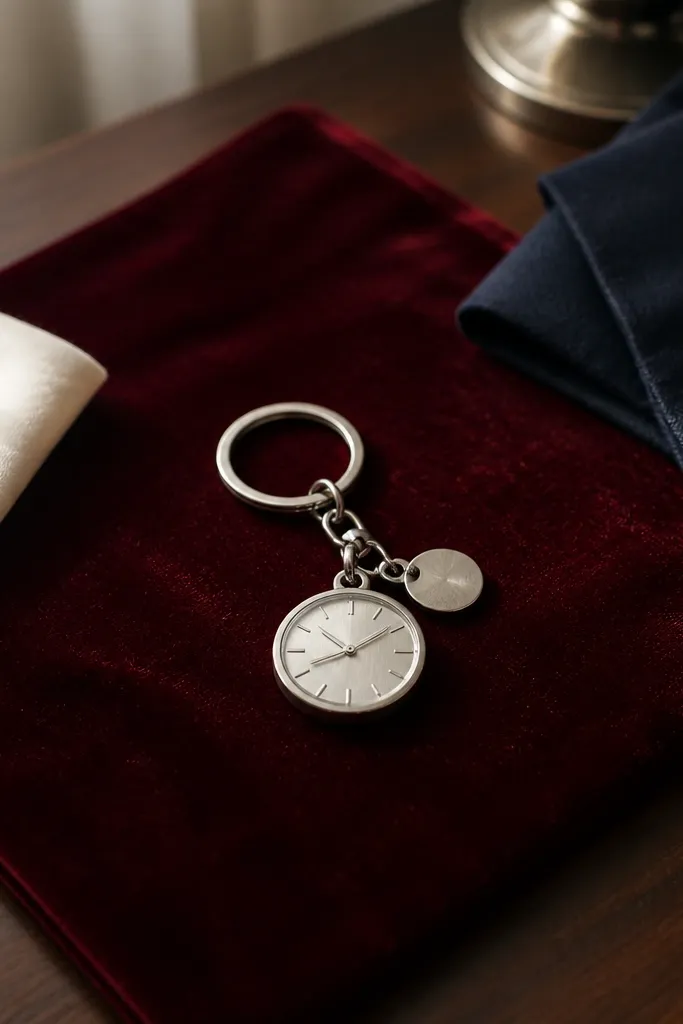 Gold charm keychain on a small velvet card with wedding date