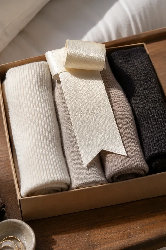 Folded beige socks set with ribbon tag and small gift card in a box