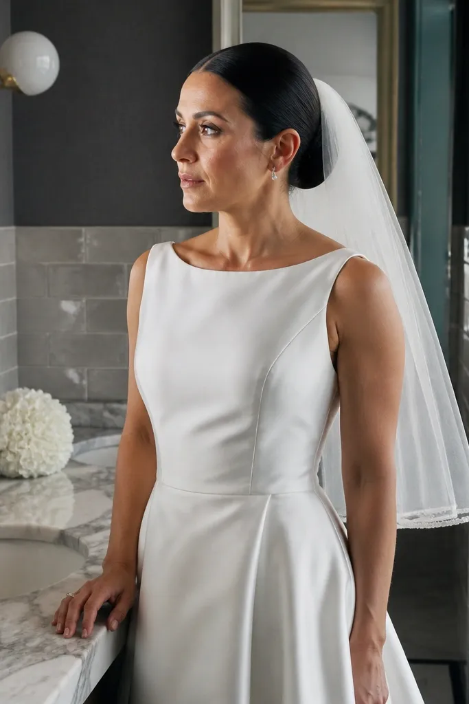 Low sleek bun with a center part and a veil comb placed at the crown