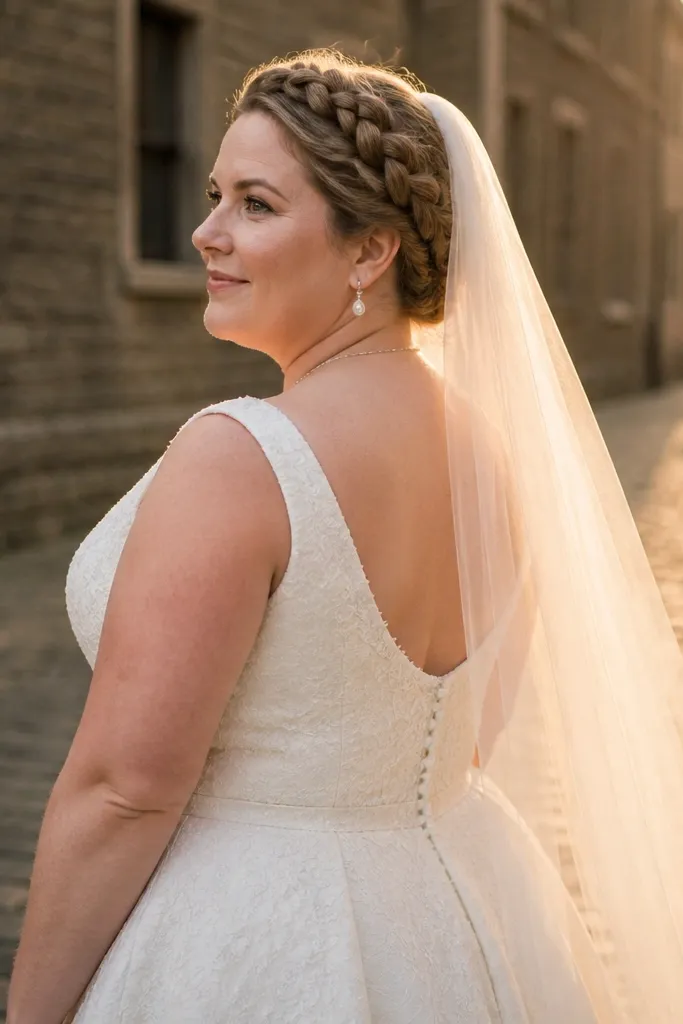 French braid crown with the veil draped over the braid