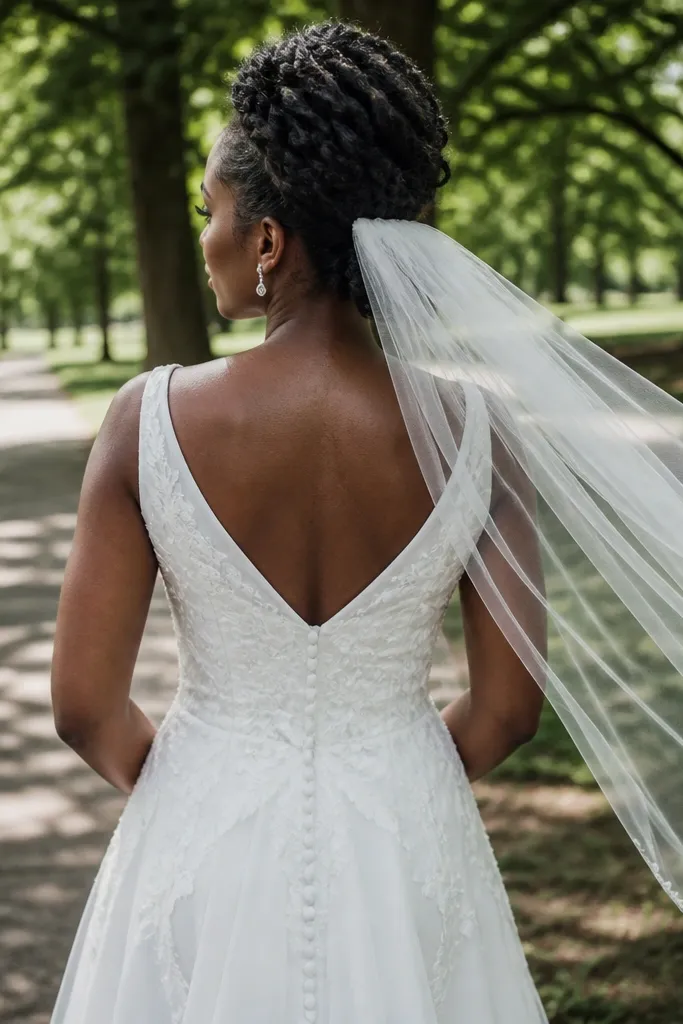 Braided bun with a veil wrapped over the nape and secured at the back