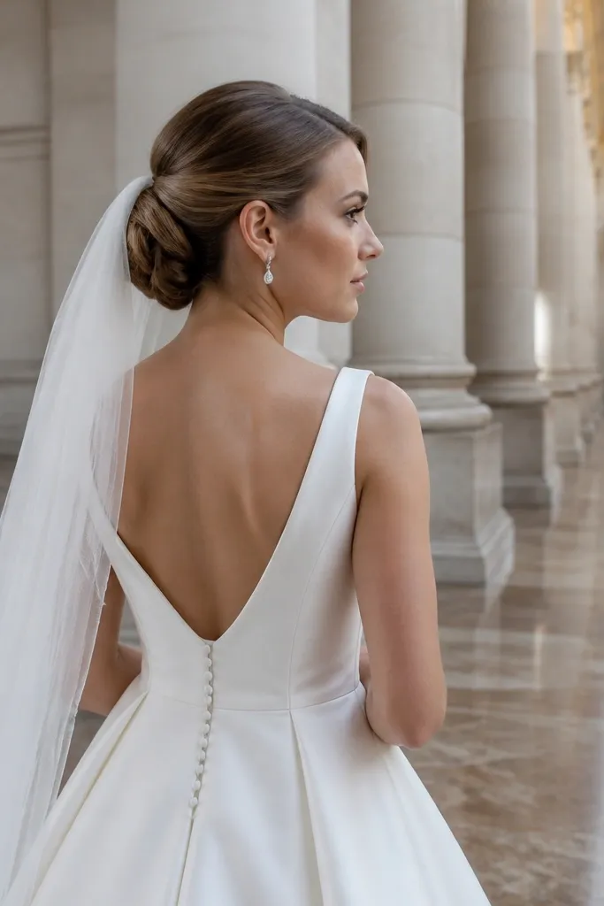 Low twist chignon with side pins securing a veil