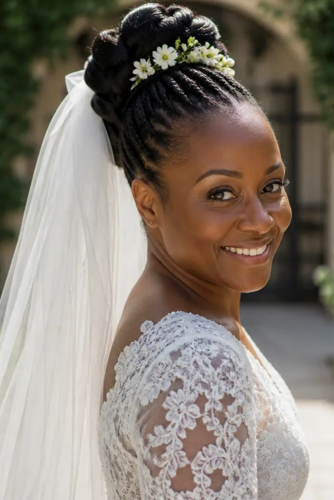 Bun shaped like a braided flower with a veil comb on the crown