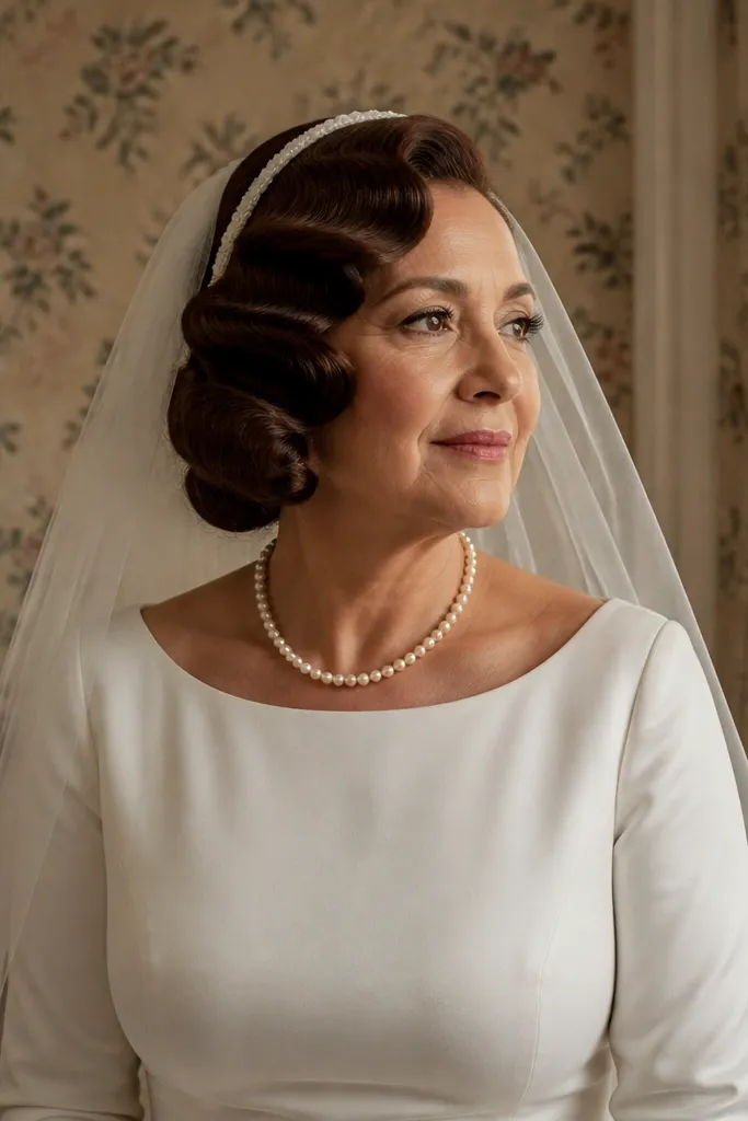 Rolled vintage waves with a veil held by a thin headband