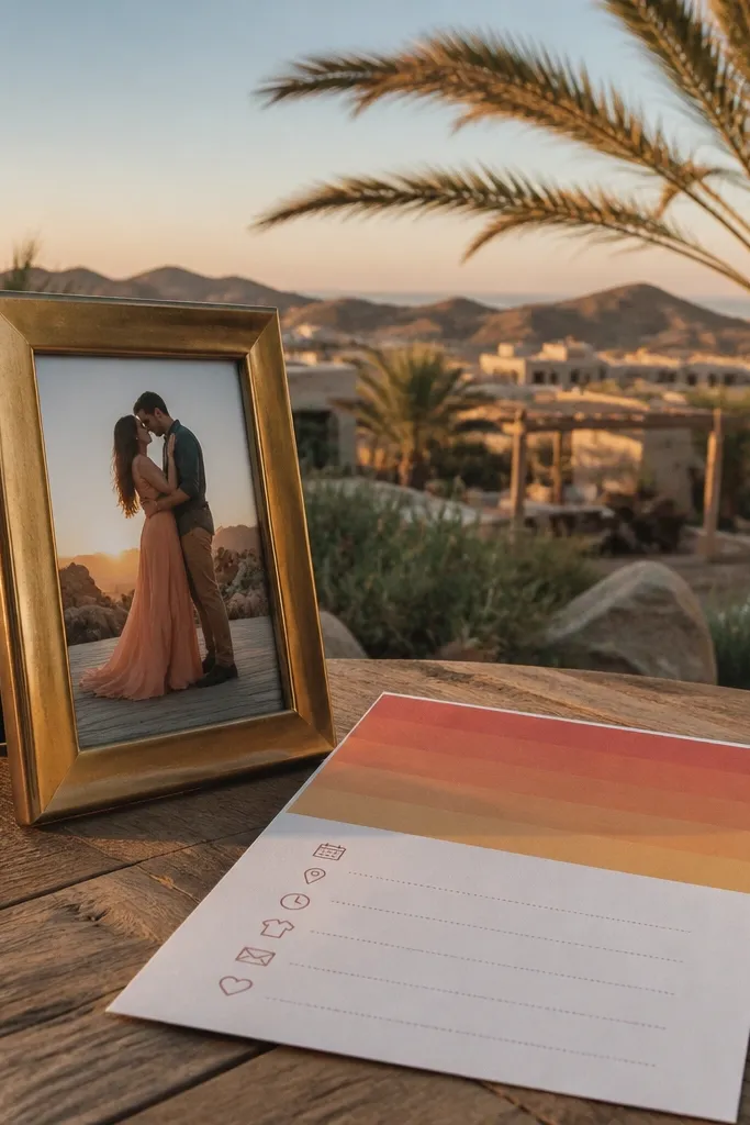 Orange sunset gradient postcard layout with a large date band and packing checklist icons.