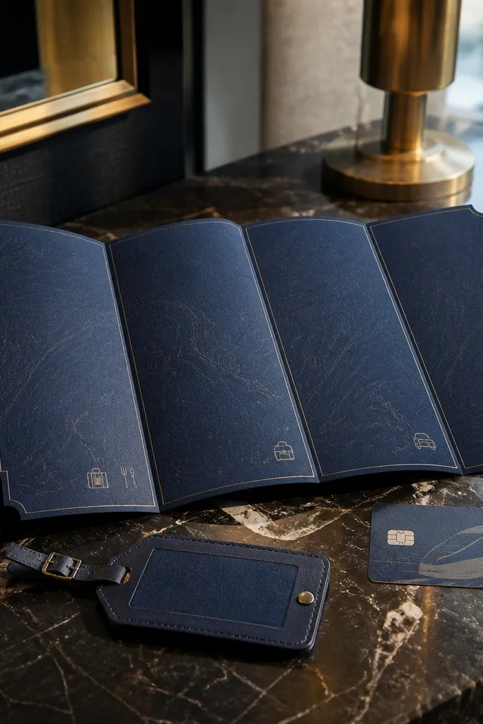 Navy folded card with faint map lines, white packing checklist text in clean side margins.