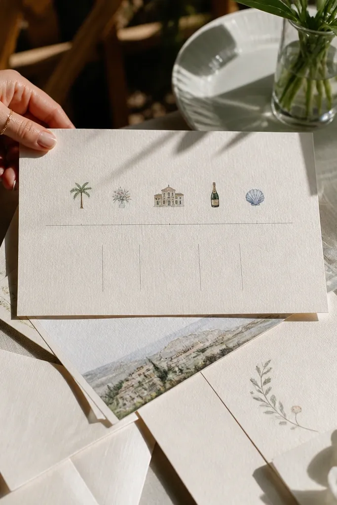Ivory textured card with a row of simple icons and short packing list labels.