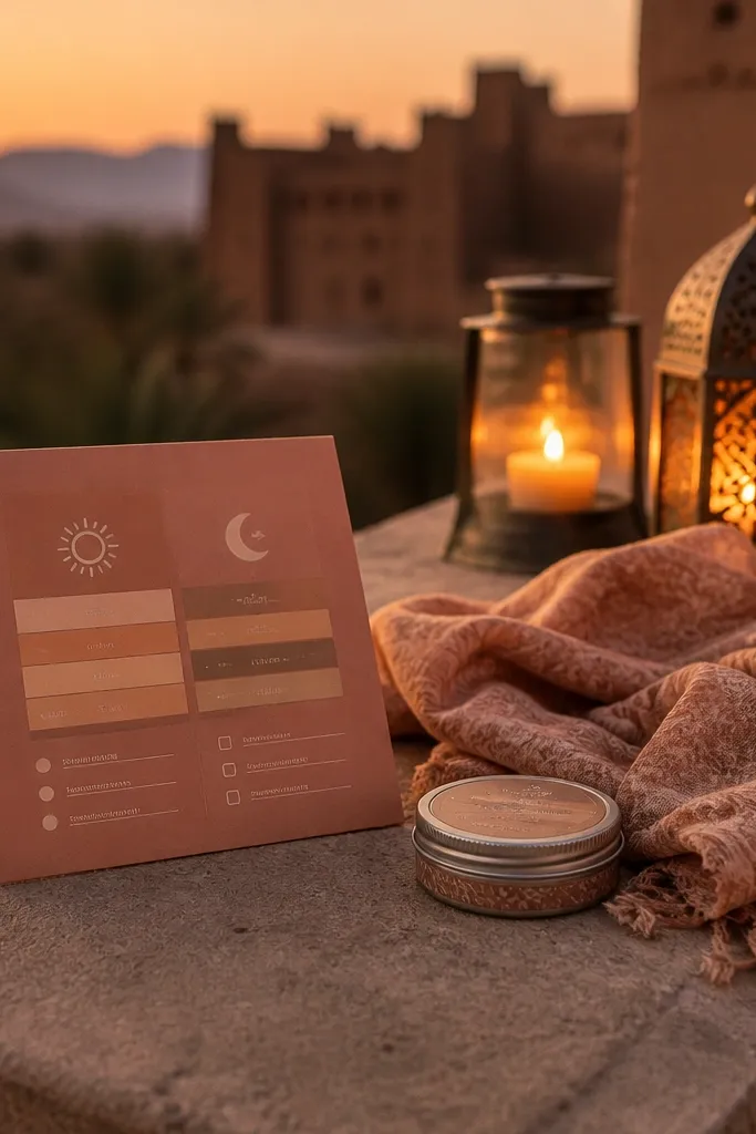 Terracotta and cream fold card with a layers diagram for morning, day, and evening.