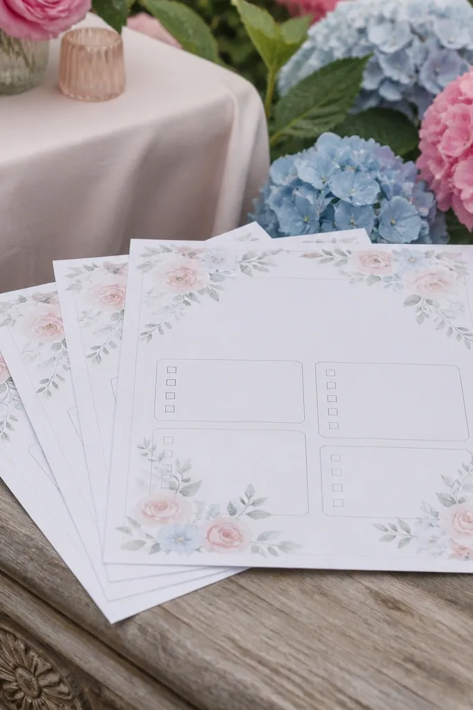 Pastel floral corner frame card with boxed packing checklist items and soft headings.