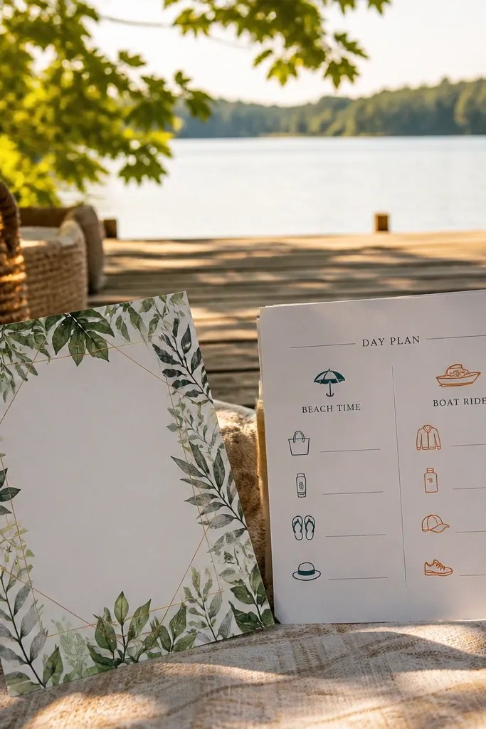 Green leaf border card with packing sections labeled by activities like beach and dinner.