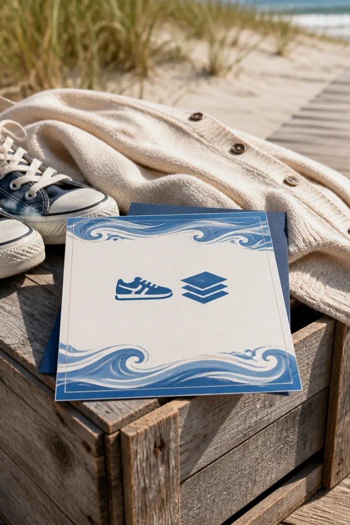 Coastal blue wave background card with shoe and layer icons next to packing list items.
