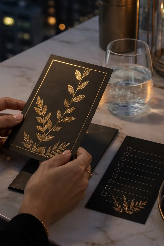 Black card with gold headline and a high-contrast packing checklist in neat rows.