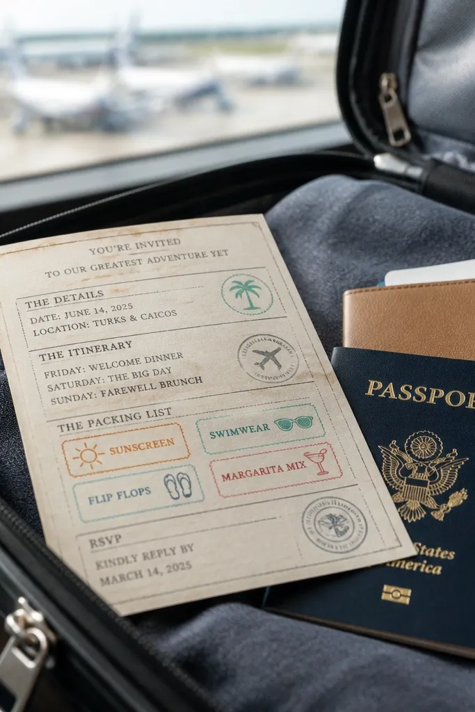 Passport-stamp themed card with stamp icons near a travel packing checklist.