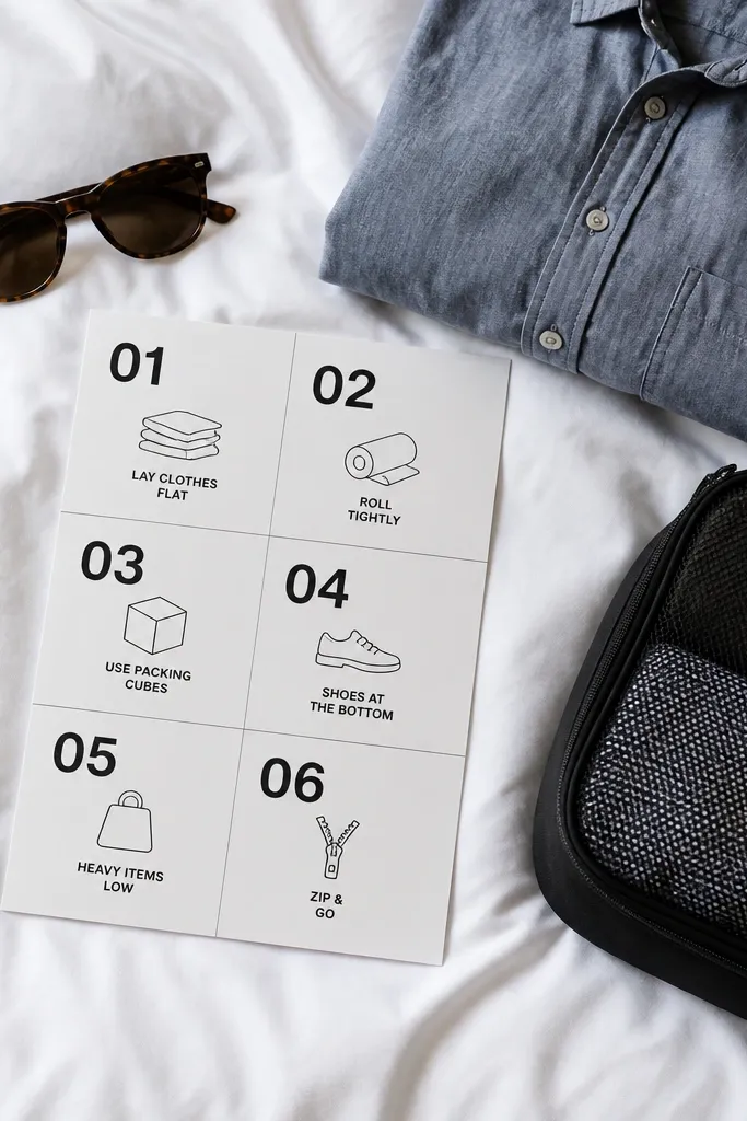 Modern grid card with numbered steps and a packing list arranged in tidy rows.