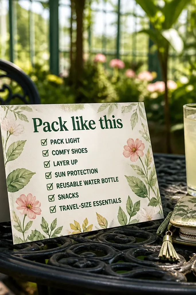 Watercolor botanical border card with a large "Pack like this" heading and checklist.