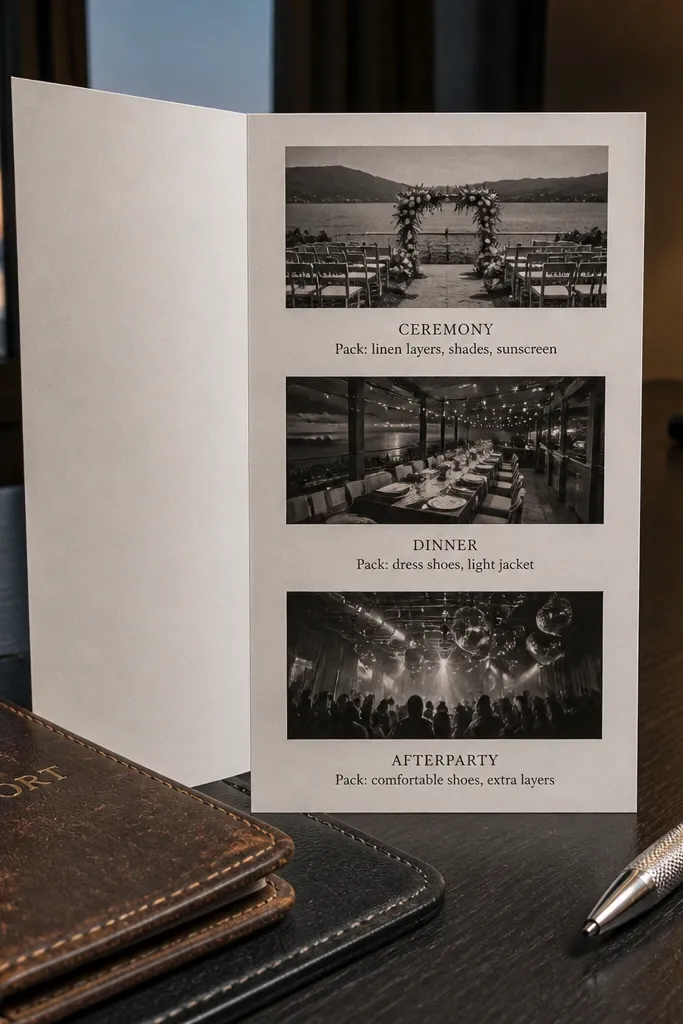 Monochrome strip card with three event panels and packing reminders listed under each.