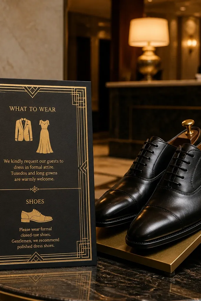 Art deco border card with a "What to wear" section and a dedicated shoes packing list.