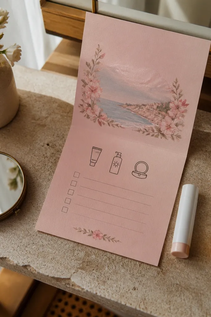 Soft blush fold card with a toiletry mini list and a day kit checklist.
