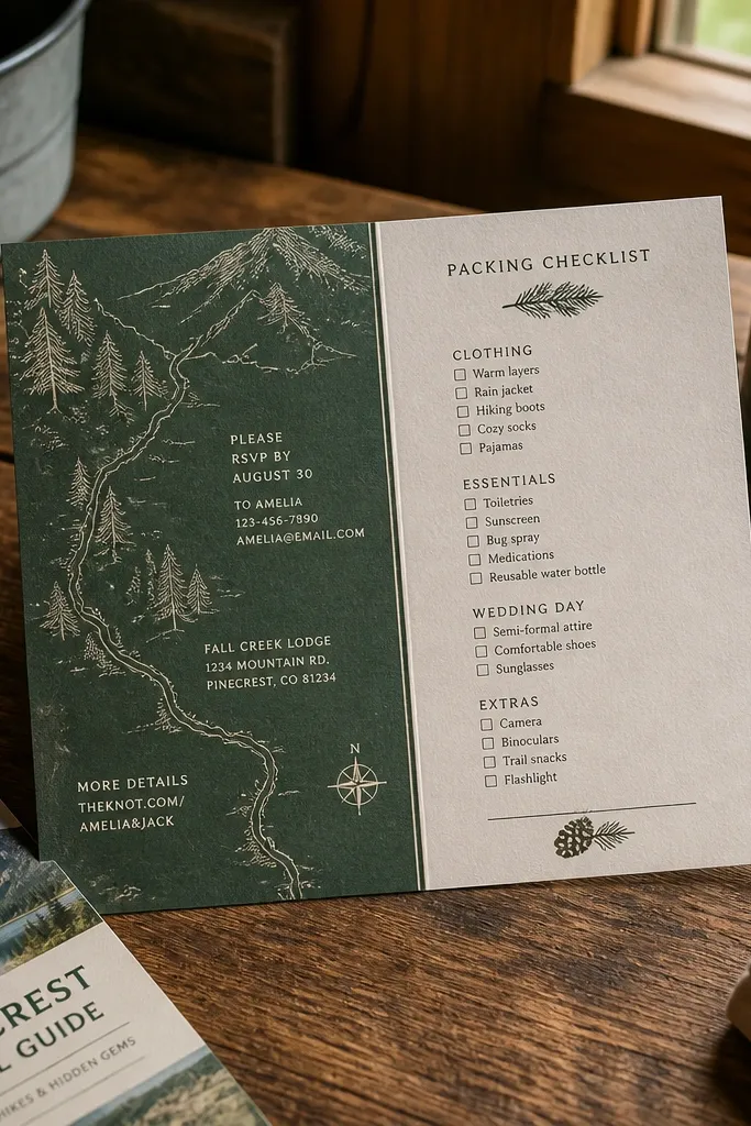 Forest green card with a map sidebar and combined RSVP and packing checklist text.