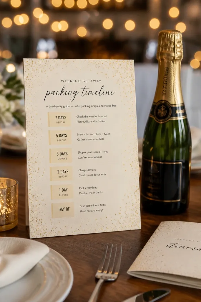 Champagne confetti background card with a weekend timeline and packing items by day.