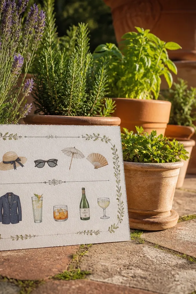 Garden-themed card with "Bring this" heading and small icon photos beside packing items.