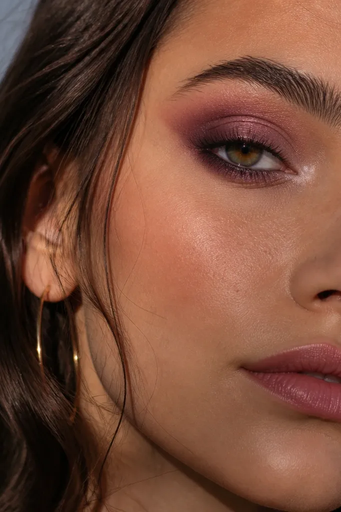 Deep berry plum crease with rose shimmer lid and tight inner rim highlight