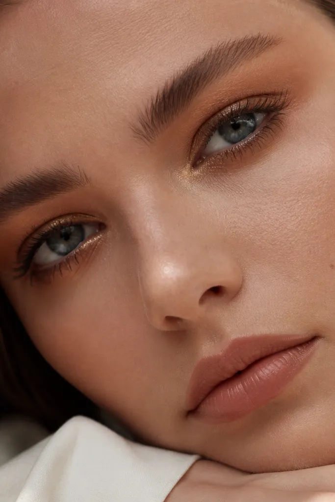 Matte caramel transition with a soft gold halo around the lash line