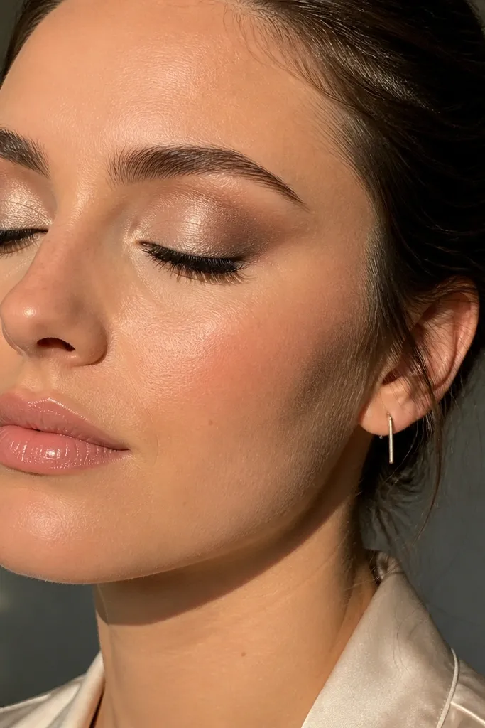 Champagne satin lid with cool taupe crease and lifted outer corner blend