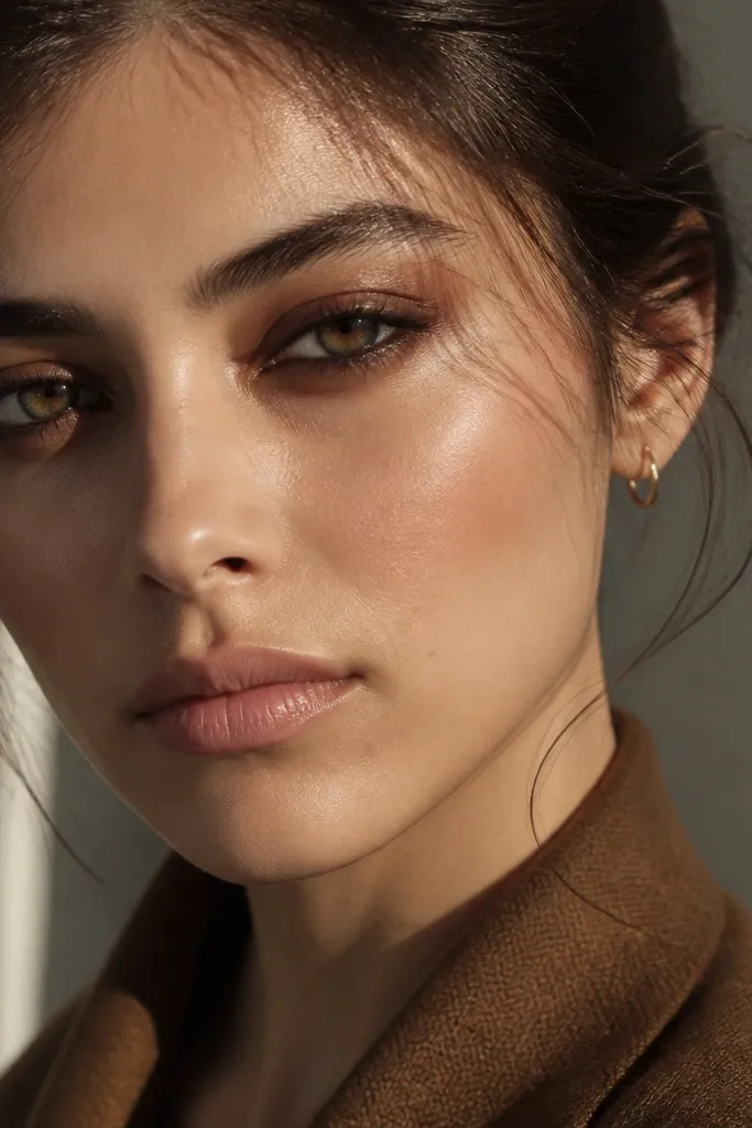 Soft smoky brown eye with bronze under-eye and tight top liner
