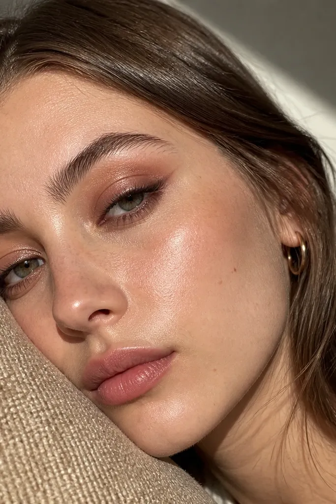 Rose-brown shimmer lid with a smudged cocoa pencil wing
