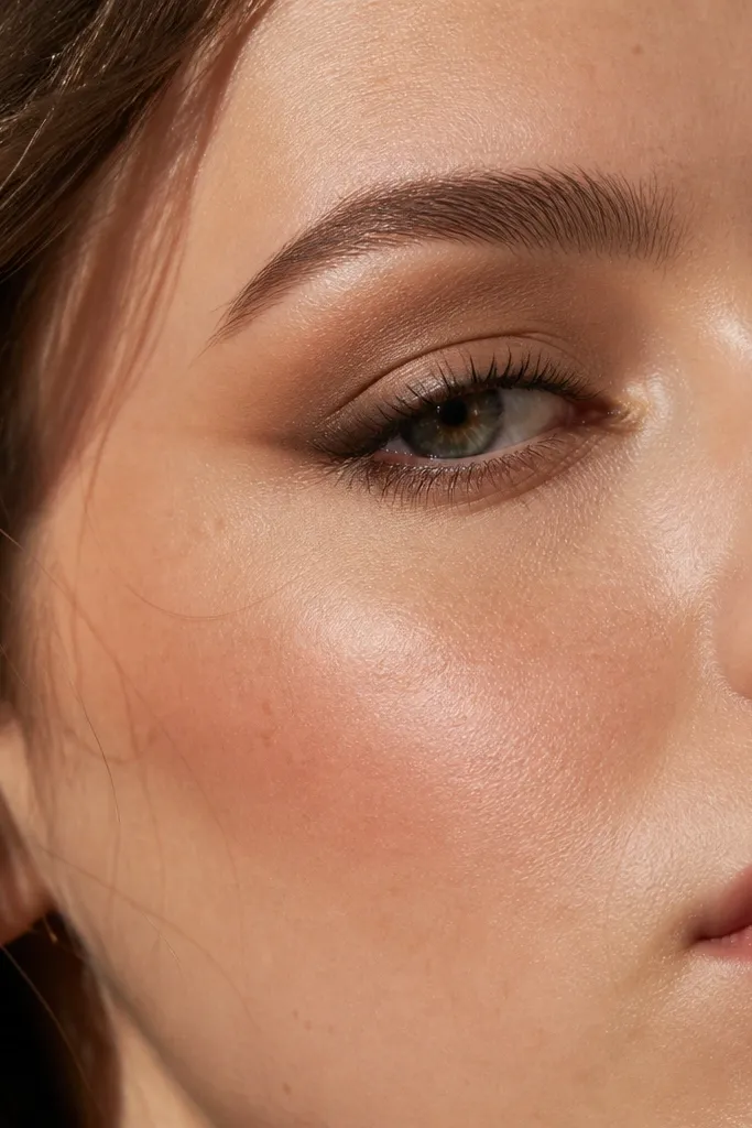 Matte mocha eye with soft shadow wing and pearl brow bone highlight