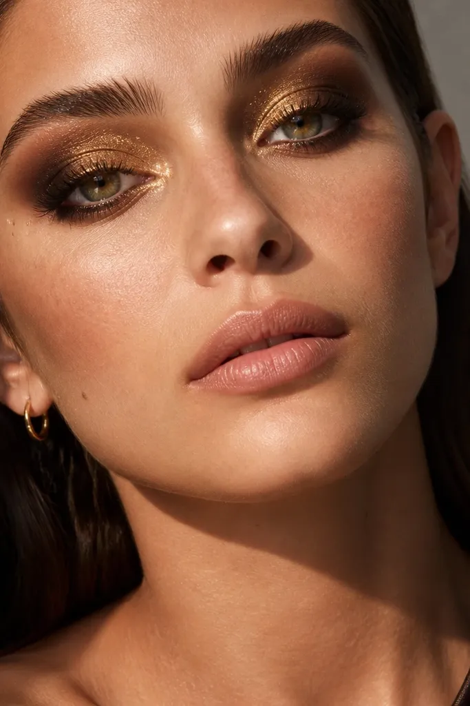 Deep chocolate halo eye with gold inner lid and tiny sparkle accents