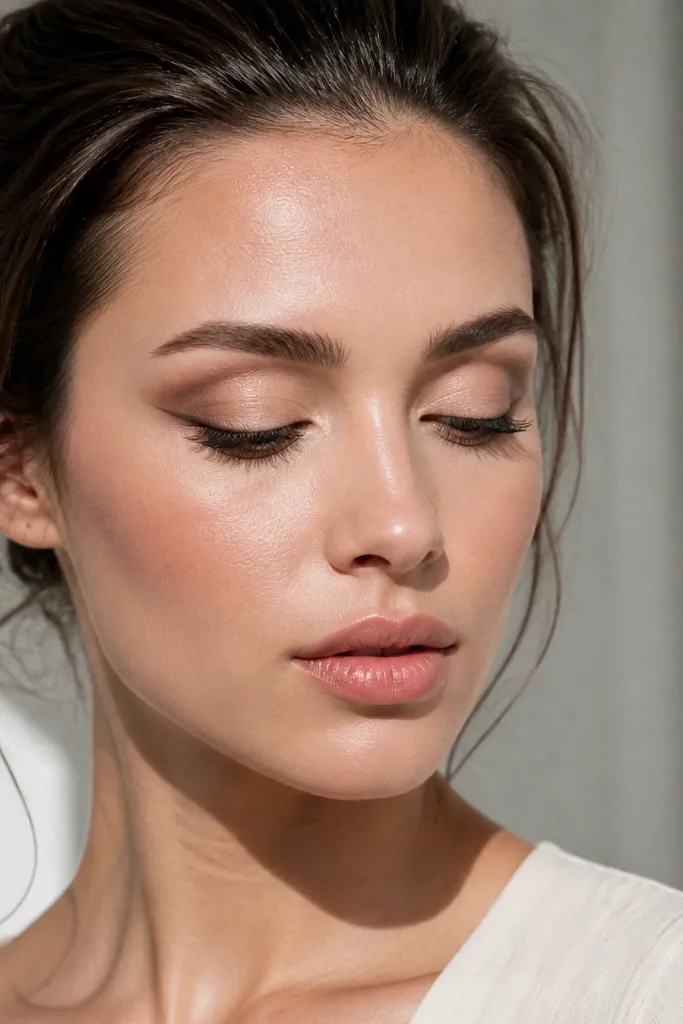 Satin nude lid with a thin bronze cut crease line and soft outer lift