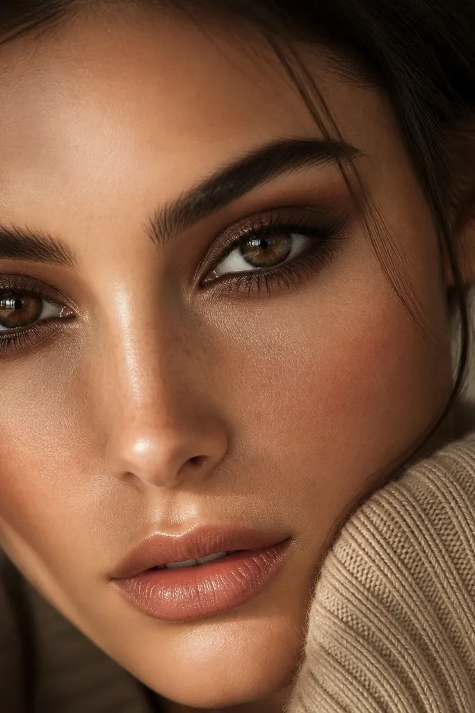 Smoky espresso eye with emphasized lower lashes and warm highlight on lid