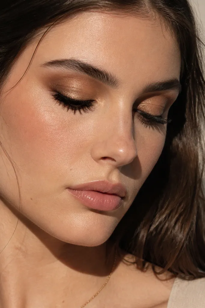 Soft gold shimmer lid with matte chestnut crease and feathered lash look