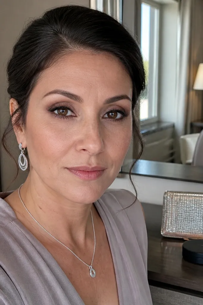Cool mocha matte veil with silver-taupe lid and smudged black-brown liner